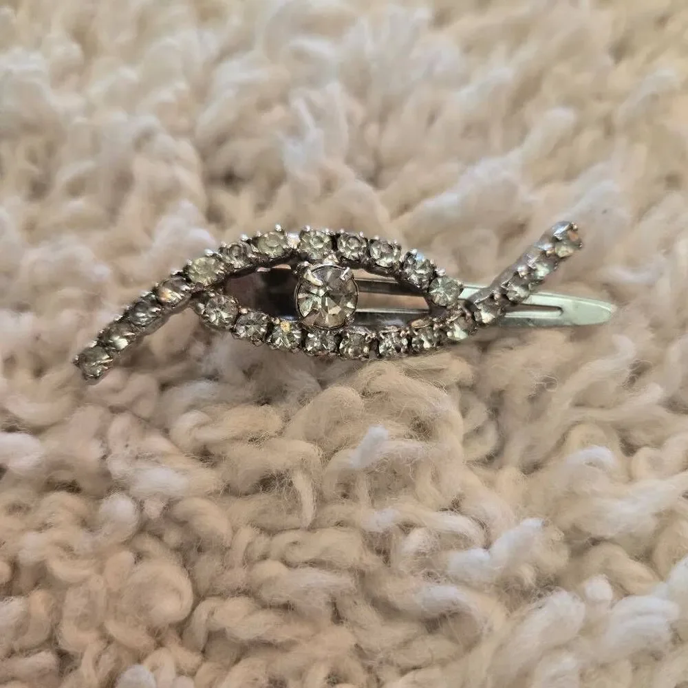 Vintage Rhinestone Clip Barrette Silver Tone Japan 1950s